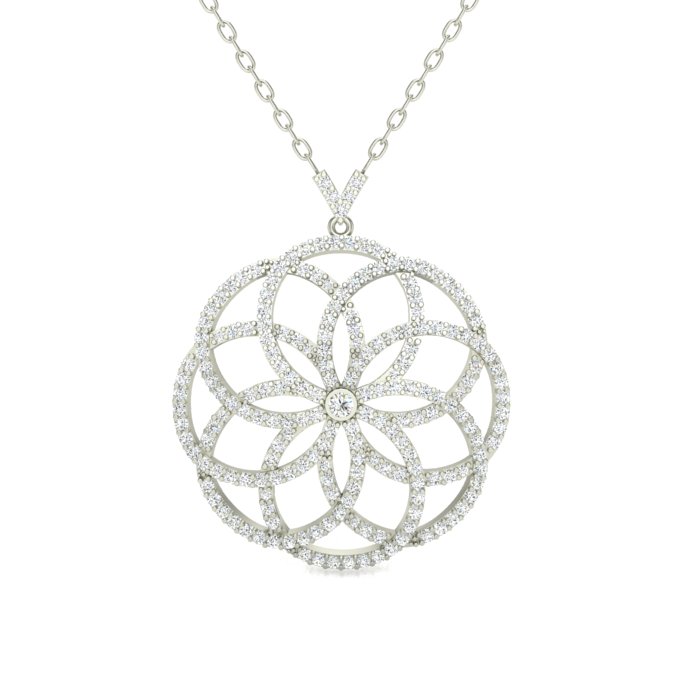 14k white gold round pave filigree flower pendant